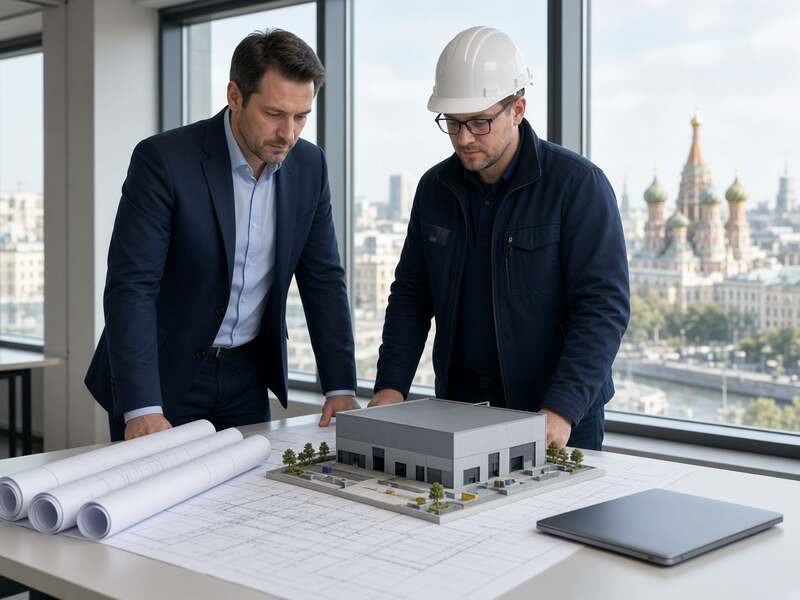 Инвестор и инженер смотрят макет склада на столе с чертежами