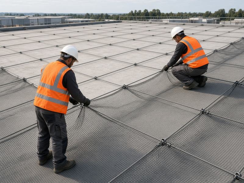 Монтажники крепят мелкое полотно к уже натянутой канатной клетке