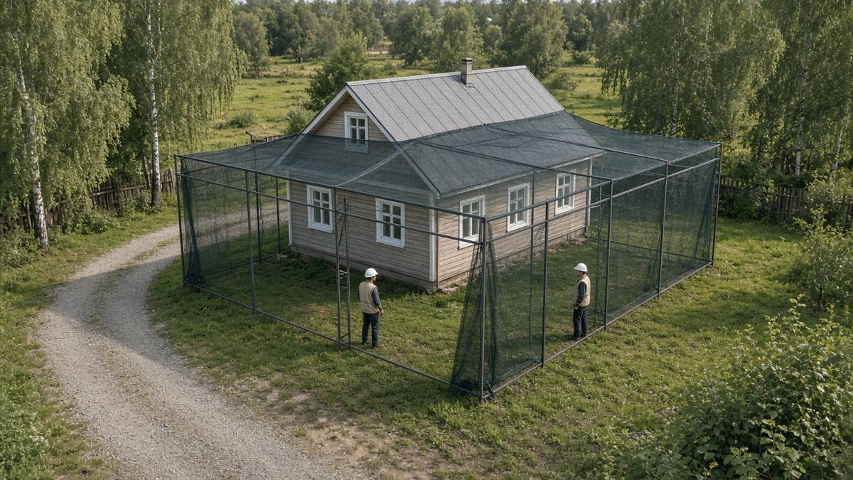 Укрытие от БПЛА на даче: дом в сетке на стальных опорах