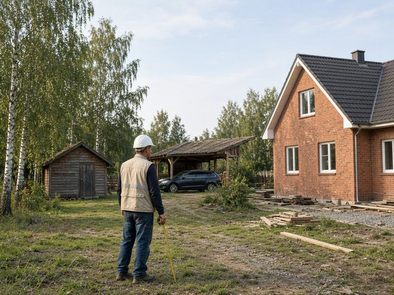 Инженер с рулеткой обходит дом, сарай и навес для машины