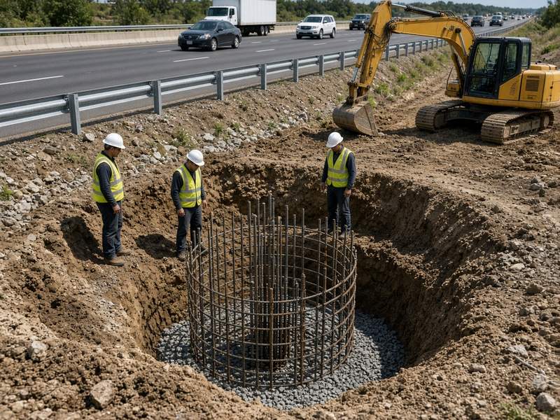 Котлован с арматурным каркасом фундамента мачты на откосе насыпи