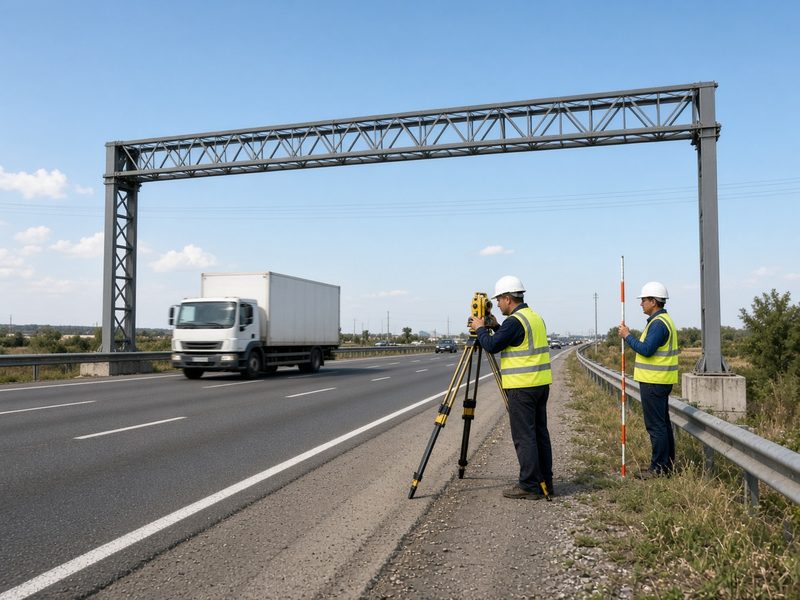 Инженеры меряют высоту под фермой дорожного знака над трассой