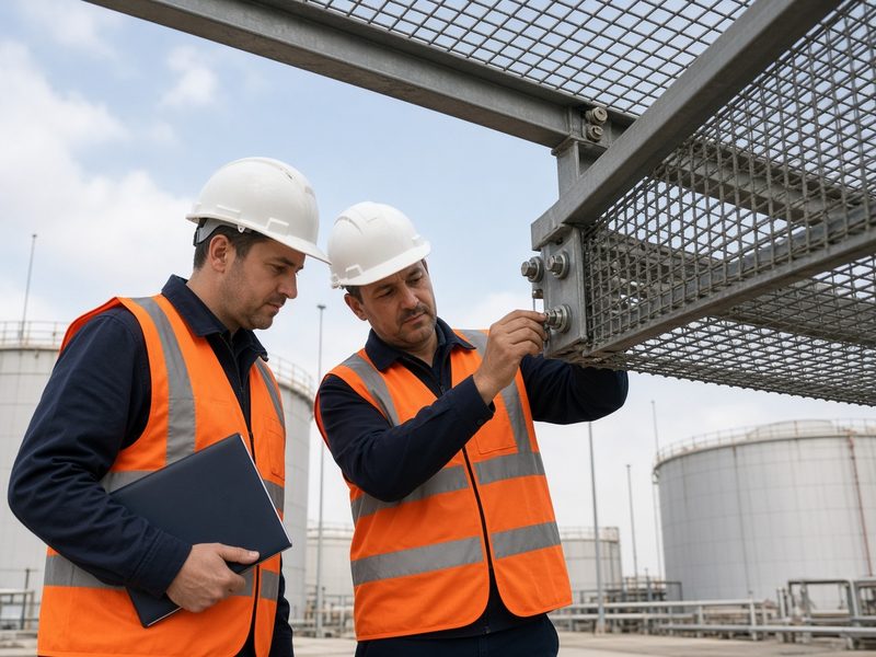 Инспектор и прораб проверяют болтовой узел сетки на нефтебазе