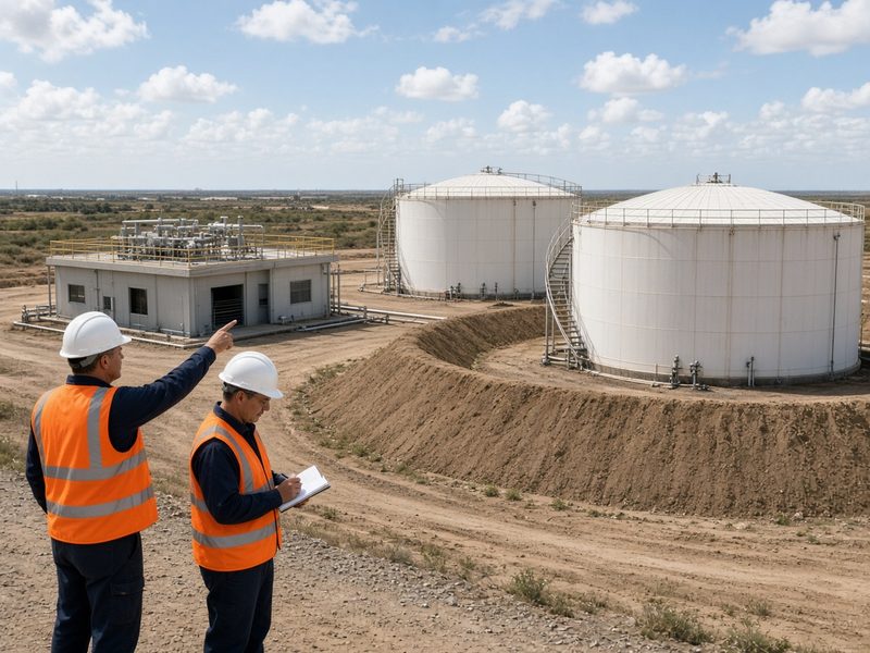 Инженеры у резервуаров и газовой станции отмечают открытые сверху узлы