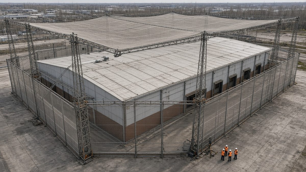 Защита от дронов: сетчатый контур над кровлей и стенами промышленного здания