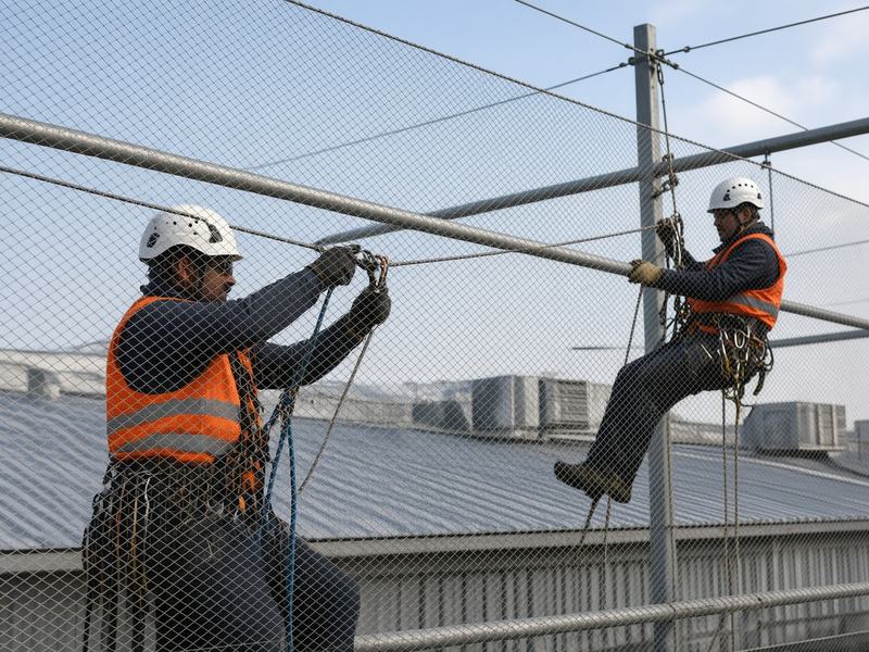 Монтажники натягивают защитное полотно на тросовом каркасе над кровлей