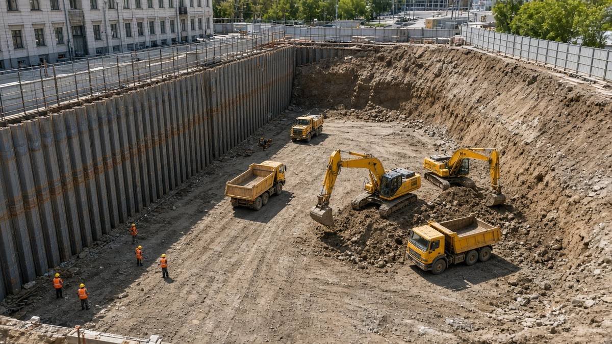 Земляные работы и котлован: экскаваторы в выемке со шпунтом и откосом